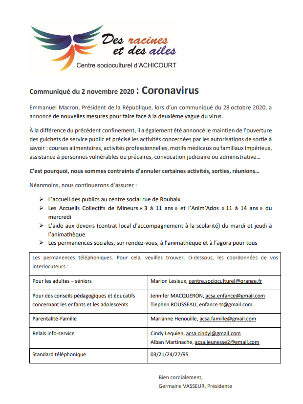Communiqué du 2 Novembre 2020: COVID-19